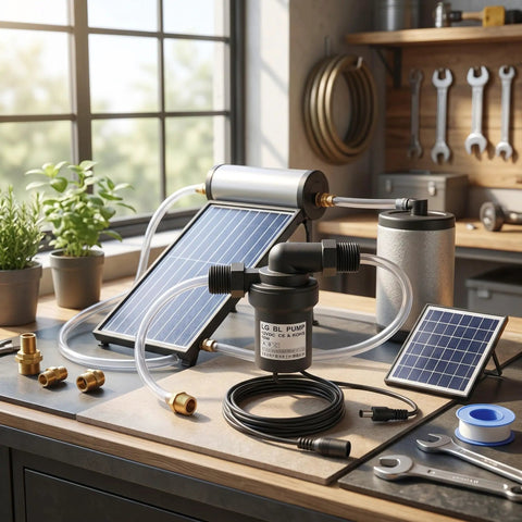 12V 10W DC Brushless Circulation Pump Solar Water Heater Hero High Temp Beast setup with solar panel and accessories on a workbench.
