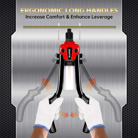 Person using Beefy One Quarter Inch Rivet Gun Kit With 230 Rivets And Five Drill Bits Thirteen Inch Two Handed Riveter Tool