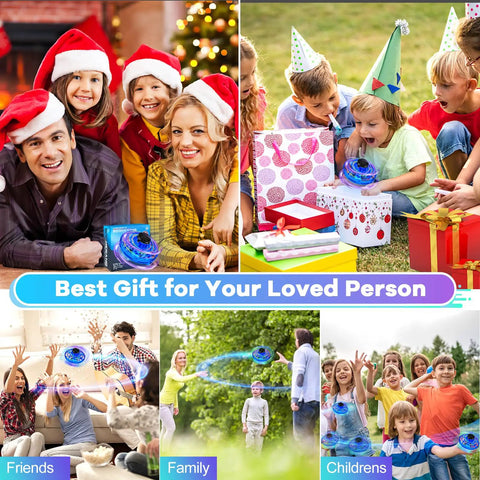 Collage of family and children playing with Dope LED Spinner Kids Drone Toy With 2026 Upgrade Hand Operated Fidget Flying Spinner, gift boxes visible.