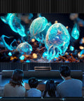Family watching a screen displaying colorful glowing jellyfish art in a cozy living room.