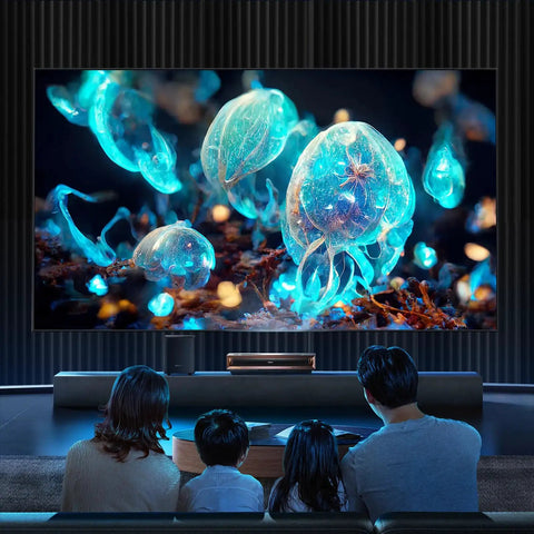 Family watching a screen displaying colorful glowing jellyfish art in a cozy living room.