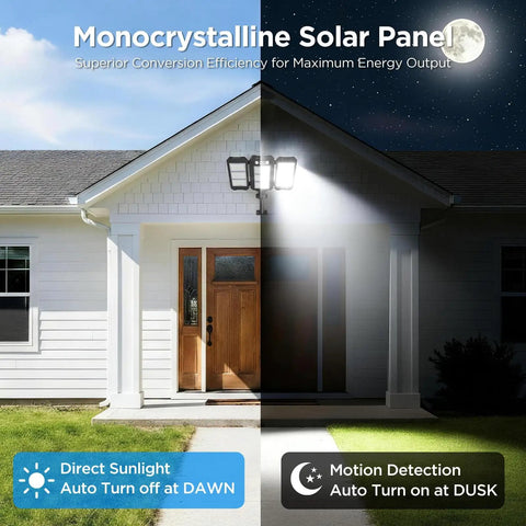 Ultra Bright Solar Flood Lights Outdoor With 7000 Lumens, 3 Adjustable Heads illuminating house front at night