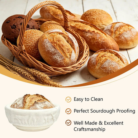 Variety of breads in a wicker basket for Six Pack 5.1 Inch Round Banneton Bread Proofing Baskets With Linen Liners For Sourdough French Bread And More Ideal Dough Proofing Set For Home Bakers And Small Bread Shops