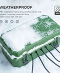Badass Heavy Duty Outdoor Electrical Box With IP54 Weatherproof Rating And A Hella Tough Rubber Gasket Seal To Keep Wire Connections Safe And Dry In Rain Snow Or Dust Green covered with snow, showing its protective features.