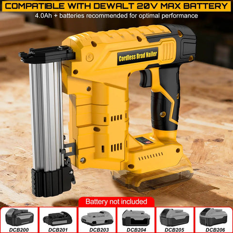 Hardcore 18 Gauge Cordless Brad Nailer And Staple Gun Bundle With 2000 Nails For DeWalt 20V Max Batteries showing trigger and nail magazine.