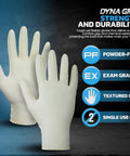 Heavy Duty Extra Large Powder Free Latex Gloves Featuring A Tough As Nails Textured Grip And Comfortable Beaded Cuff Made For Garage Grind Kitchen Cleanup Or Daily Janitorial Hustles In 100 Count Box, shown in light color with texture detail.