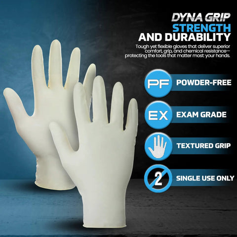 Heavy Duty Extra Large Powder Free Latex Gloves Featuring A Tough As Nails Textured Grip And Comfortable Beaded Cuff Made For Garage Grind Kitchen Cleanup Or Daily Janitorial Hustles In 100 Count Box, shown in light color with texture detail.