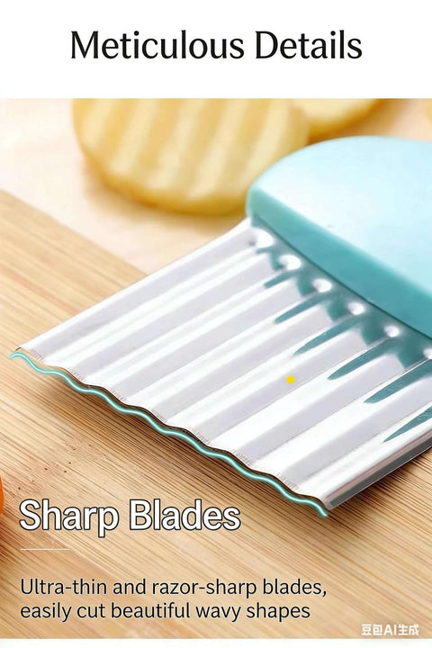 Four-piece stainless steel crinkle cutter set with blue handles for vegetables (front view).