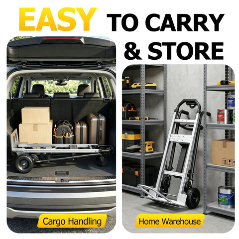4 In 1 Convertible Hand Truck With 1000 Lb Capacity, Foldable Dolly Cart That Converts To Flatbed, 2 Wheel Hand Truck, And 4 Wheel Dolly, Built With A3 Steel Tube And Aluminum Alloy, Rugged Workhorse For Warehouses, Supermarkets, And Offices, Black folded flat in SUV cargo area and warehouse storage