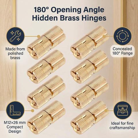 10 Pack 12mm Brass Hidden Cylindrical Hinges For Jewelry Boxes Polished Brass Concealed Install 180 Degree Opening