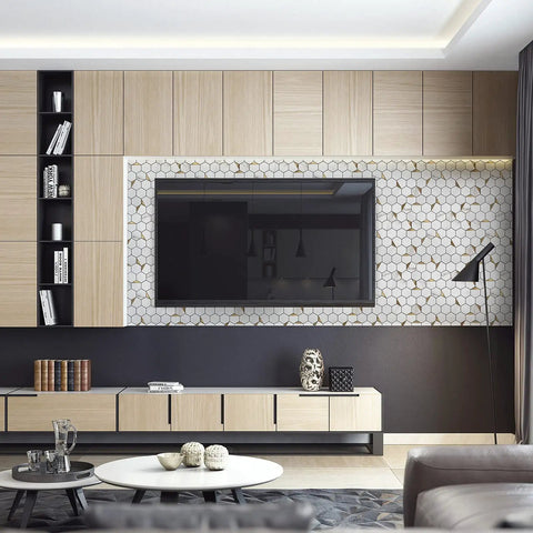 Living room with TV surrounded by Hexagon Peel and Stick Metal Backsplash Tiles Kit, 12x12 Aluminum Mosaic, Golden Finish