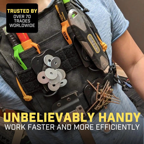 Person wearing Magnetic Tool And Hardware Holder Clip On Belt Holster holding various tools and fasteners.