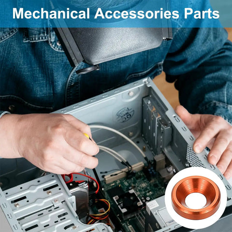 Installation of M3 Finishing Countersunk Washers, 10 Pack, Anodized Aluminum Oxide Alloy, Orange Finish in a PC case.