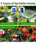 165Ft Drip Irrigation Kit With Timer showing 3 types of sprinkler heads: blue atomizing, blue and red ground insert nozzles.