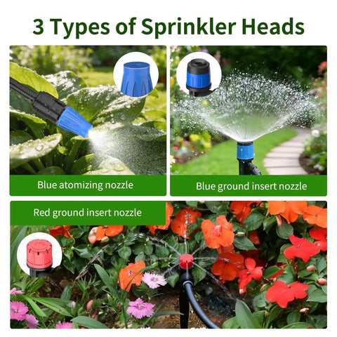 165Ft Drip Irrigation Kit With Timer showing 3 types of sprinkler heads: blue atomizing, blue and red ground insert nozzles.