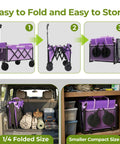 Purple Collapsible Wagon Cart With Wheels Heavy Duty Folding Utility Cart 220 Lb Capacity Portable Grocery Cart For Sporting Events Garden Shopping And Travel Easy Setup In Minutes shown folded in trunk and shelf