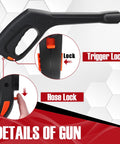 Pressure Washer Spray Gun And 32 Foot Hose Kit With Extension Wand And Five Nozzle Tips Beast Heavy Duty Attachment Compatible With Ford Husky Black Decker Pulsar Portland Powerwasher ShopForce TaskForce TaskMaster Sun Joe, focusing on the trigger and hose lock details.