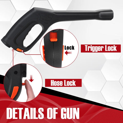Pressure Washer Spray Gun And 32 Foot Hose Kit With Extension Wand And Five Nozzle Tips Beast Heavy Duty Attachment Compatible With Ford Husky Black Decker Pulsar Portland Powerwasher ShopForce TaskForce TaskMaster Sun Joe, focusing on the trigger and hose lock details.