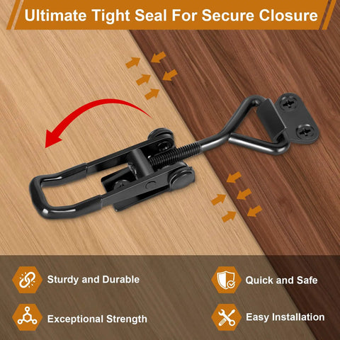 Six Pack Adjustable Toggle Latch Clamp With Quick Release Upgraded 330 Lb Holding Capacity Black Metal Pull Latches installed on wood