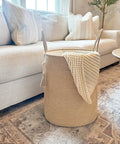 Tall Woven Laundry Basket for Living Room and Bedroom, Boho Farmhouse Round Wicker Blanket Basket with knitted throw