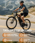 Mountain Electric Bike For Adults With 500W Peak Motor And Cadence Sensor 50 Mile Range 374Wh 36V 10400mAh UL 2849 Certified Battery, rider on steep road