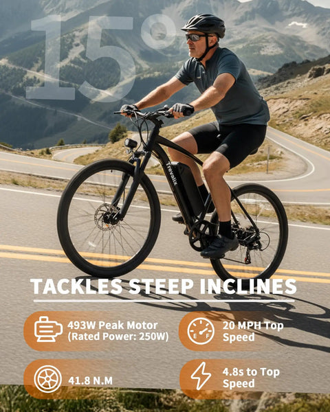 Mountain Electric Bike For Adults With 500W Peak Motor And Cadence Sensor 50 Mile Range 374Wh 36V 10400mAh UL 2849 Certified Battery, rider on steep road