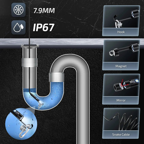 Dual Lens Endoscope Camera With Light For Tight Spaces 1920x1440 HD 2.0MP Sewer Inspection Camera 16.5 Ft Semi Rigid Cable 360 Degree View With Bright LEDs Waterproof Inspection Tool For Plumbing And Machines, 7.9mm tip