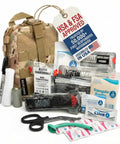Scherber IFAK trauma kit in camouflage MOLLE pouch with CAT tourniquet, HyFin Vent chest seal, Israeli bandage (front view)