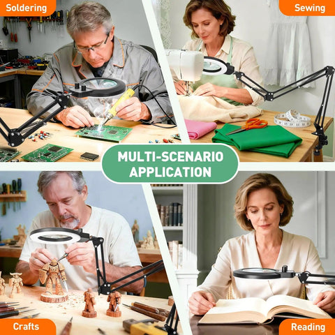 Pro Grade 12X 30X Magnifying Glass With Light And Stand Long Arm Desk Magnifier for crafts, sewing, reading, and soldering.