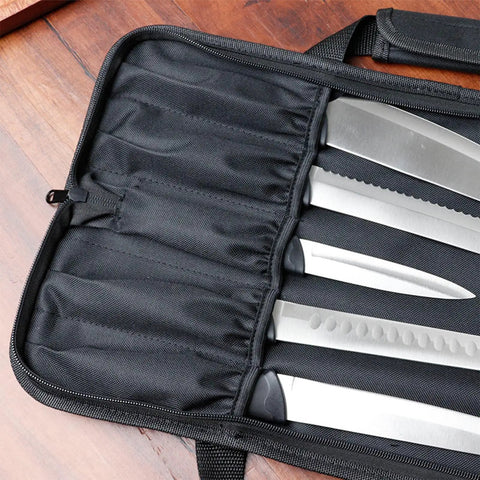 Open Roll Up Knife Bag Case With Zippered Pouch for Secure Knife Transport Camping Kitchen Gear, knives visible, black material
