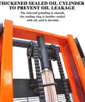 Close-up of the thickened sealed oil cylinder of Electric Walkie Pallet Stacker Boasting Badass Strength With A No Sweat 3300 Lbs Load Rating.