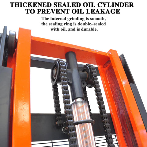 Close-up of the thickened sealed oil cylinder of Electric Walkie Pallet Stacker Boasting Badass Strength With A No Sweat 3300 Lbs Load Rating.