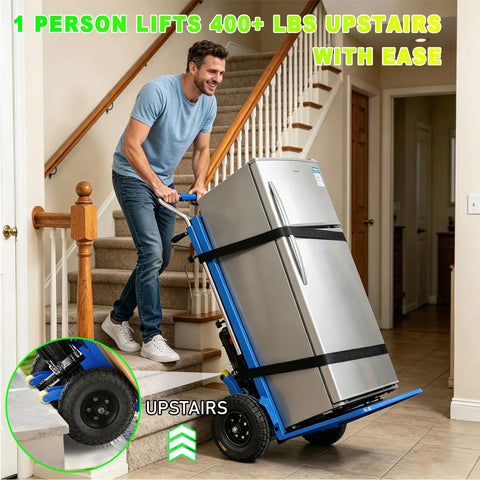 A man using an electric stair climbing dolly to lift a refrigerator upstairs, showcasing the Heavy Duty Electric Stair Climbing Dolly Cart.