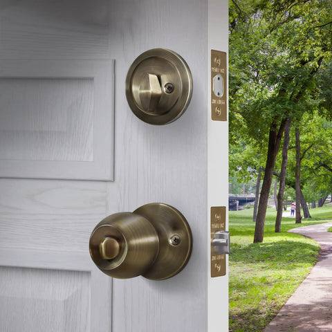 Entry Door Knob Deadbolt Combo Lock Set In Antique Brass 6 Pack With Adjustable Latch Single Cylinder Deadbolt Keyed Differently