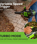 Person using 60V Cordless Leaf Blower With 610 CFM And 130 MPH Airflow, Beast Power Yet Lightweight And Quiet, Ideal For Wet Leaves, Driveways And Dense Gravel, Includes 2.5Ah Battery And 5A Rapid Charger on a path with variable speed trigger