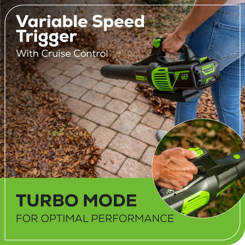 Person using 60V Cordless Leaf Blower With 610 CFM And 130 MPH Airflow, Beast Power Yet Lightweight And Quiet, Ideal For Wet Leaves, Driveways And Dense Gravel, Includes 2.5Ah Battery And 5A Rapid Charger on a path with variable speed trigger