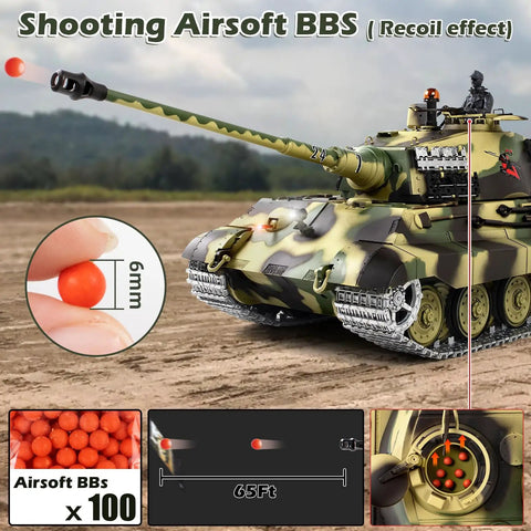 1/16 Scale German King Tiger RC Tank With Realistic Smoke, Sound And Lights, 2.4G Remote, Shooting Action, BBs visible