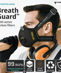 Man wearing Dust Mask With Carbon Filters And Air Valves, Reusable Three Size Fit For Woodworking, Construction And Moving, Black Large, Delivers Nearly 99.94 Percent Filtration Down To One Tenth Micron, Comfortable Breathable Design while holding a wooden plank with earmuffs.