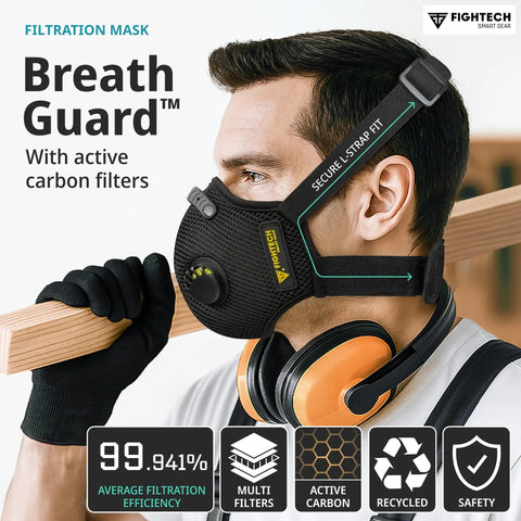 Man wearing Dust Mask With Carbon Filters And Air Valves, Reusable Three Size Fit For Woodworking, Construction And Moving, Black Large, Delivers Nearly 99.94 Percent Filtration Down To One Tenth Micron, Comfortable Breathable Design while holding a wooden plank with earmuffs.
