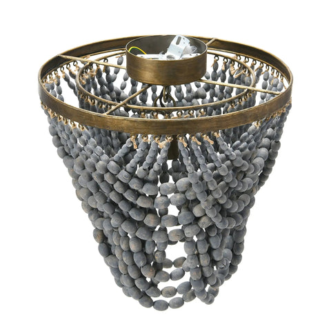 Two-Tier Draped Wood Bead Semi-Flush Mount Ceiling Light With Gold-Washed Metal Base, Brushed Finish And Hand-Selected Light Gray Beads