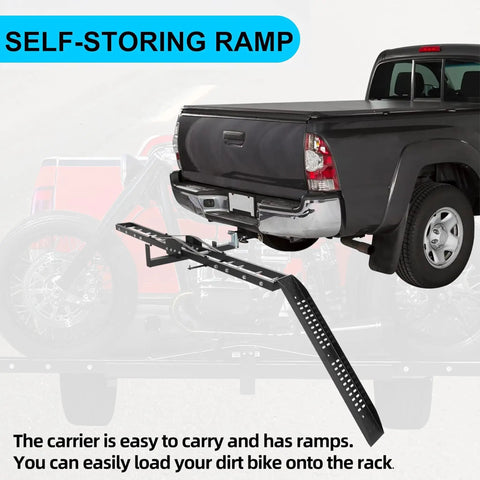 Beefy 600 Lbs Steel Motorcycle Carrier Hauler With Anti Tilt Lock Hitch Mount Rack And Ramp For Dirt Bikes And Scooters