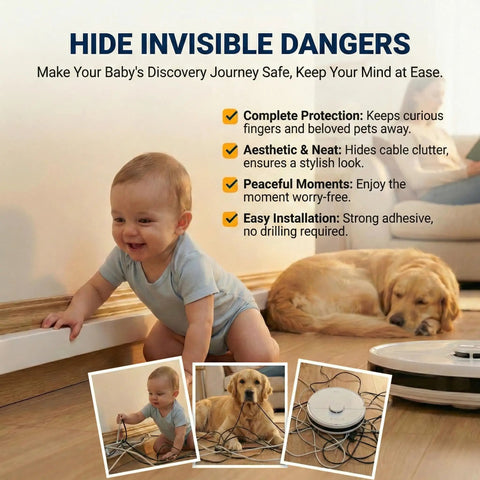 Hide Cords Wall Mount Kit for TV and Home shown protecting child and pet from exposed wires on floor with adhesive cover.
