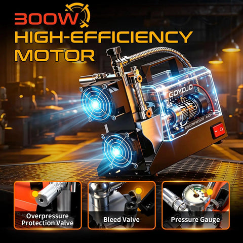 Goyojo Ac-2 Portable Pcp Air Compressor Pump Reaches 4500 Psi With Oil-Free Design And Dual Voltage Support. Enjoy Extended 45-Min Continuous Runtime For Refilling Hpa Paintball Tanks And Pcp Airguns Efficiently On The Go Or At Home Without Hassle.