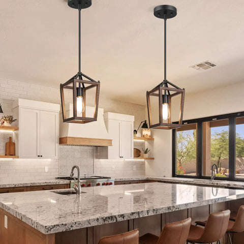 Farmhouse Pendant Light For Kitchen Island One Light Rustic Wood Cage Fixture With Brown Finish Adjustable Height Pendant