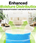 Living room with Enhanced Moisture Distribution text overlay highlighting Six Pack Premium Humidifier Filter Replacement Set For Honeywell HAC 504 HAC 504AW And Filter A Compatible With HCM 350 Cool Mist Humidifiers Keeps Air Fresh Moist And Easy To Maintain.