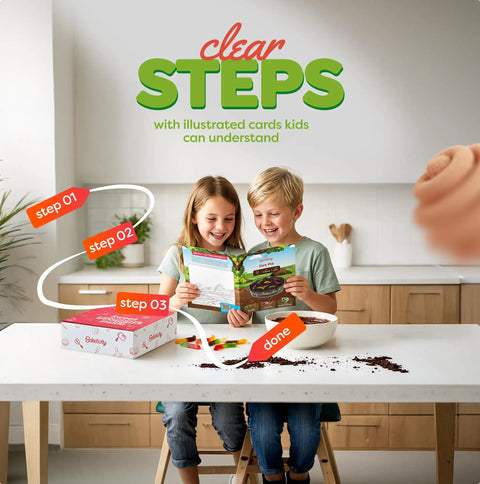 Two kids using Dirt Pie Kids Baking Kit With Chocolate Cake Mix, Pre Measured Dry Ingredients, Chewy Gummy Worms, Easy Step By Step Instructions.