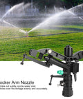 G1 Female Thread Adjustable Dual Nozzle Rocker Arm Sprinkler on lawn, showcasing 360-degree rotation for even garden watering.