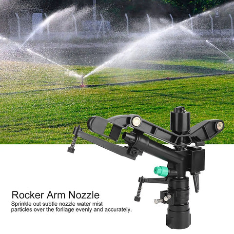 G1 Female Thread Adjustable Dual Nozzle Rocker Arm Sprinkler on lawn, showcasing 360-degree rotation for even garden watering.