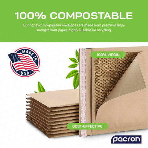 Eco Friendly Honeycomb Padded Mailers 8.5 By 12 Inches, 100 Pack Biodegradable Compostable Recyclable Hex Coat Paper Shipping Envelopes Made In USA