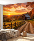 No Sweat Peel And Stick Wall Murals Featuring Rustic Barn Sunset Autumn Print Self Adhesive Vinyl Removable Stickers For Boys Girls Bedrooms Easy Room Refresh Makeover in a cozy bedroom setting.